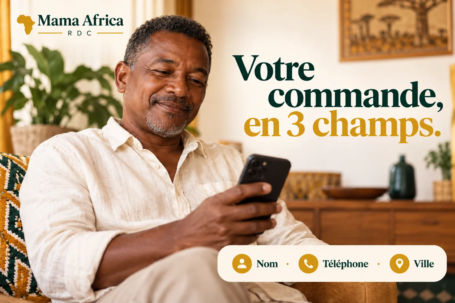 Votre commande en trois champs : nom, téléphone et ville